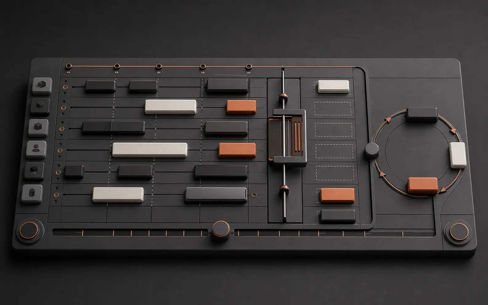 An industrial system with capacity slots, timing rails, and a reservation gate.